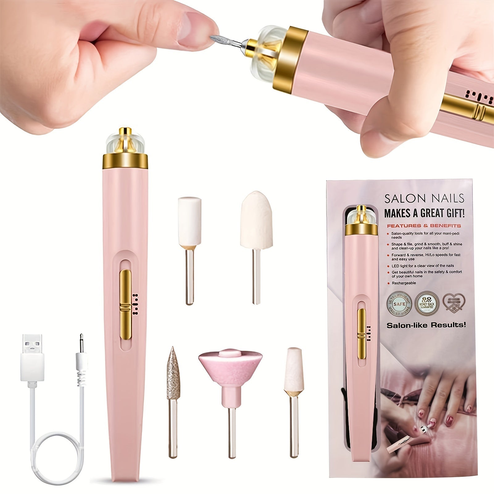 5-in-1 Electric Nail Polisher Pen - USB Rechargeable, Low Noise, Professional Manicure & Pedicure Kit for Hands, Feet & Nails